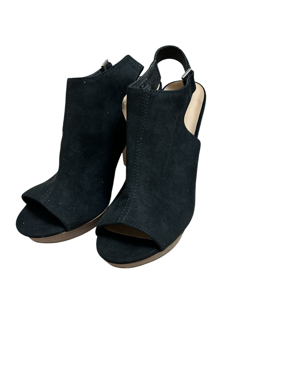 Sun + Stone Black Open-Toe Suede Slingback Heels